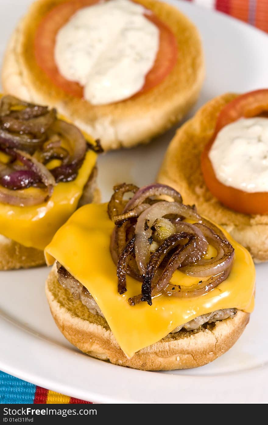 Cheeseburger with fried onions tomato and white sauce. Cheeseburger with fried onions tomato and white sauce