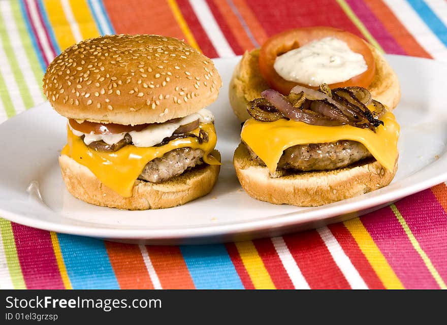 Cheeseburger with fried onions tomato and white sauce. Cheeseburger with fried onions tomato and white sauce