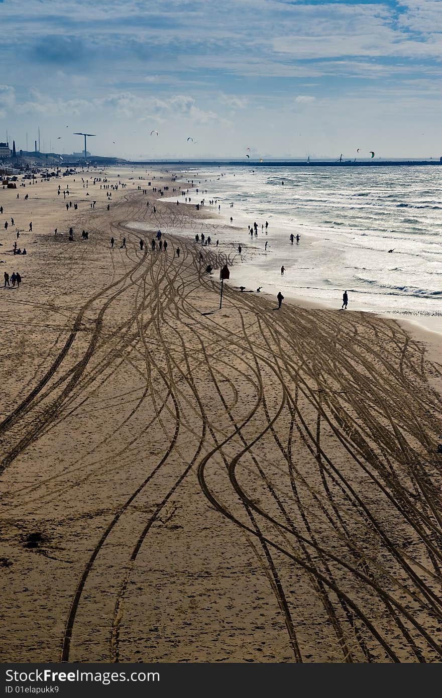 High view of a beach with tire marks. High view of a beach with tire marks.