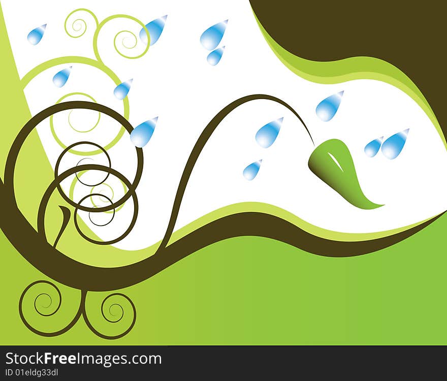 Raindrops and one green leaf are featured in an abstract background illustration. Raindrops and one green leaf are featured in an abstract background illustration.