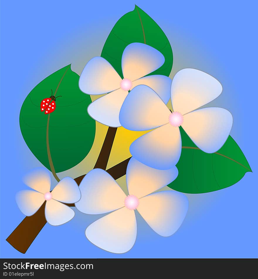 Abstract illustration. Bright spring flowers and leaves, lighted up a sun, on a blue background. Abstract illustration. Bright spring flowers and leaves, lighted up a sun, on a blue background