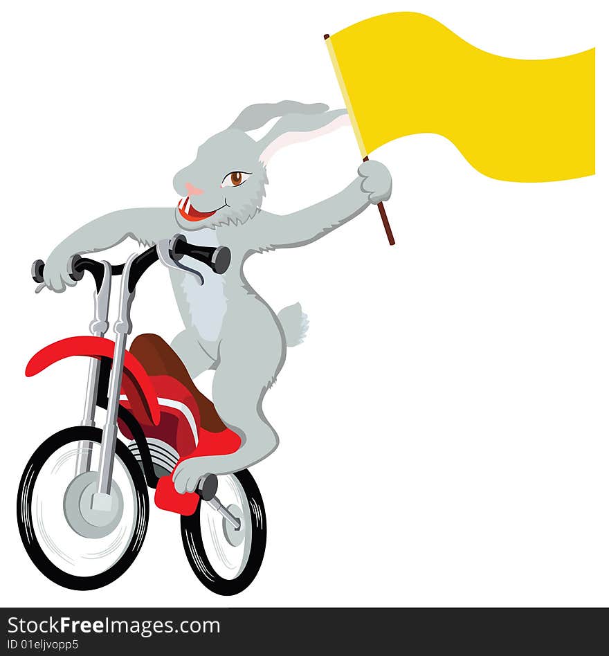 Bunny riding a motorcycle, holding a flag in the paw. Bunny riding a motorcycle, holding a flag in the paw.