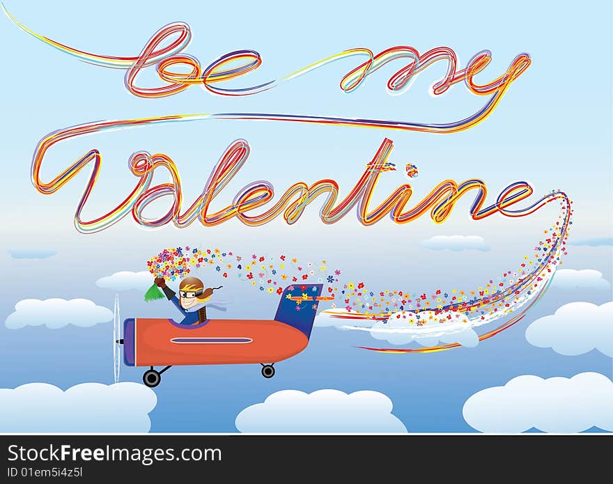 Pilot sitting in airplane with bunch of flowers and inscriptionin the sky(vector, CMYK)