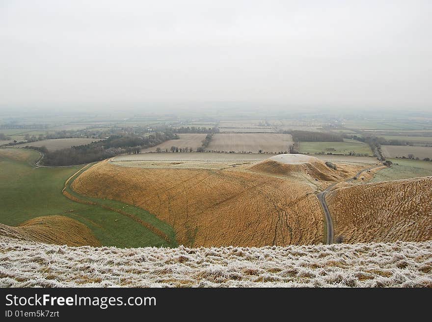 English landscape taken in Uffington White Horse Hill, near Oxford, England. Very cold.