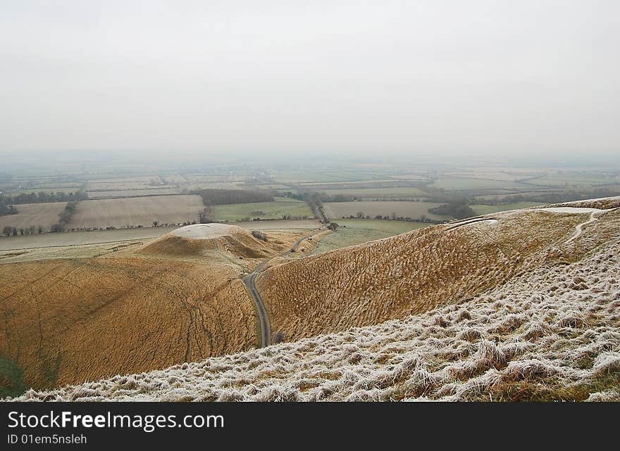 English landscape taken in Uffington White Horse Hill, near Oxford, England. Very cold.