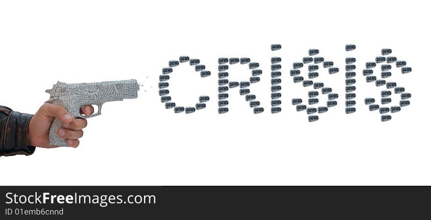 Newspaper pistol and bullet with break newspaper on white. crisis, dollar. Newspaper pistol and bullet with break newspaper on white. crisis, dollar