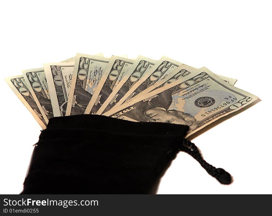 Bag of money with american currency on isolated background. Bag of money with american currency on isolated background