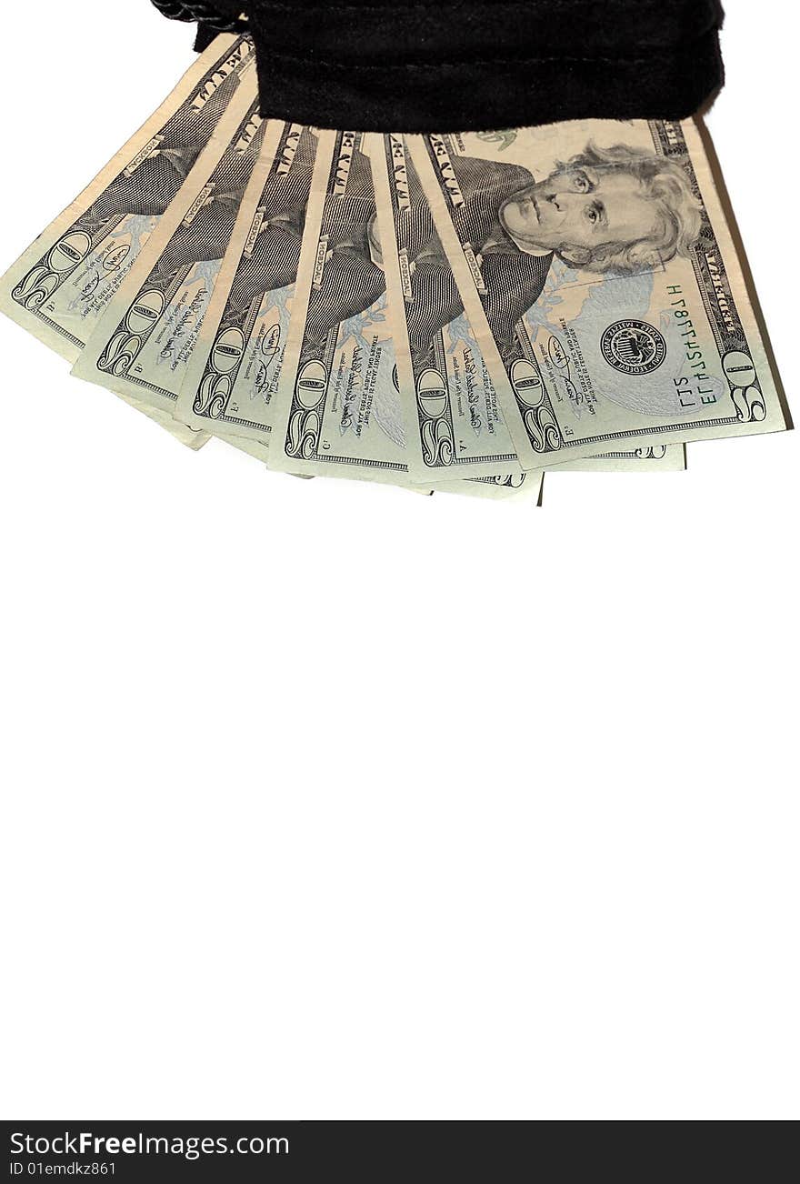 Bag of money with american currency on isolated background with plenty of copy space. Bag of money with american currency on isolated background with plenty of copy space