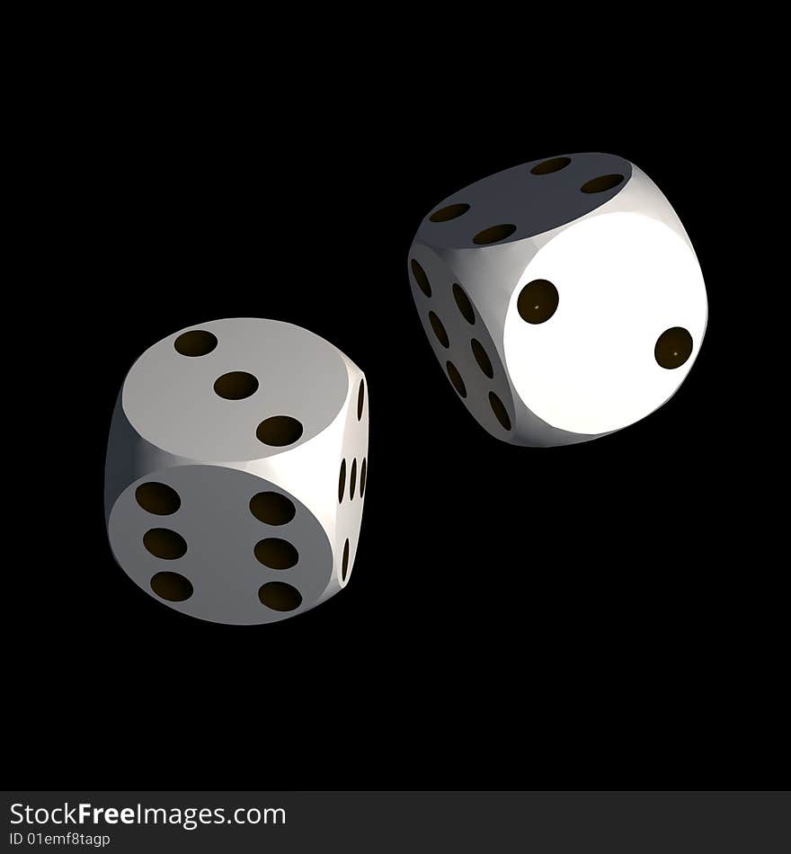 Isolated dices on black background - 3d render illustration. Isolated dices on black background - 3d render illustration