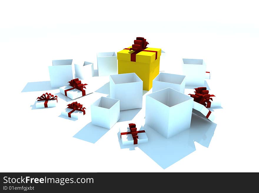 Opened gift boxes - 3d isolated illustration on white. Opened gift boxes - 3d isolated illustration on white