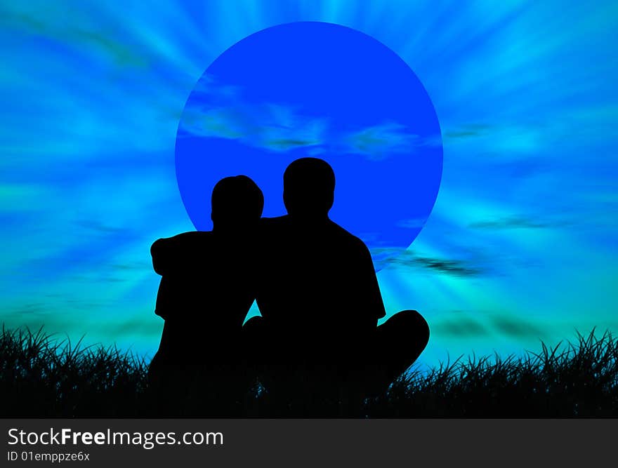 Lovers on the grass in front of the sunset. Lovers on the grass in front of the sunset