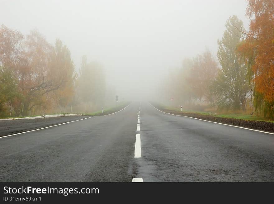 Empty road to a fog. Autumn