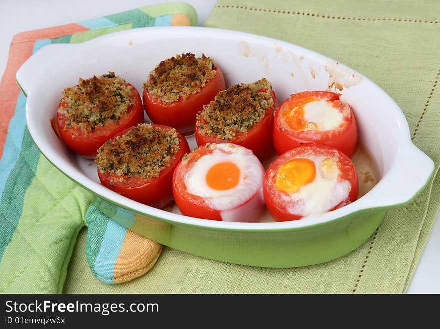 Baked filled tomatoes cut in half