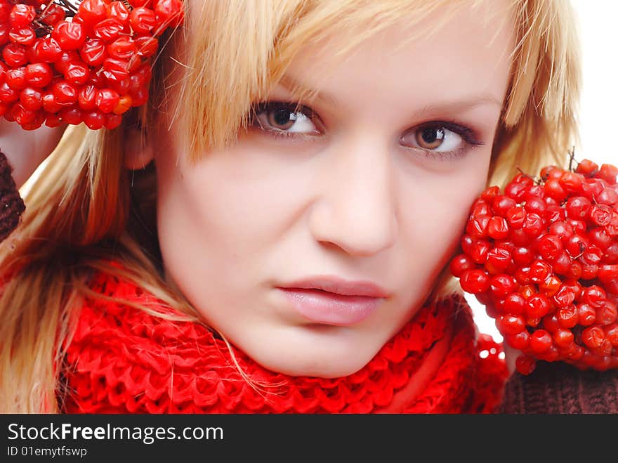 Portrait of woman in scarf with red berries. Portrait of woman in scarf with red berries