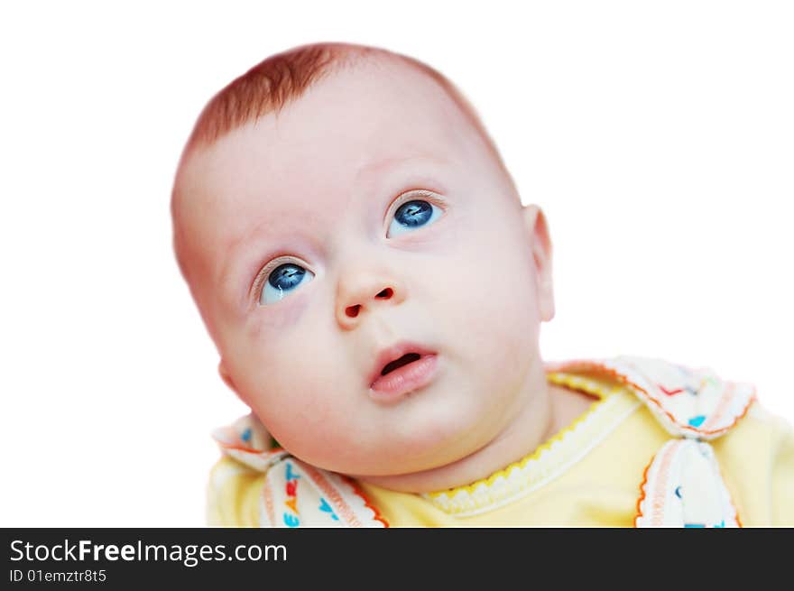 Small baby boy (4 month old) looking up. White background