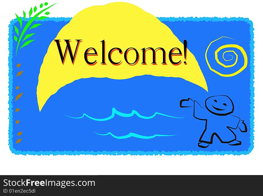 A blue tag with a kid on the right down corner saying welcome on a yellow balloon all surrounded by a palm on the left, a yellow sun on the right, and blue sea. Digital drawing. Coloured Picture. A blue tag with a kid on the right down corner saying welcome on a yellow balloon all surrounded by a palm on the left, a yellow sun on the right, and blue sea. Digital drawing. Coloured Picture.