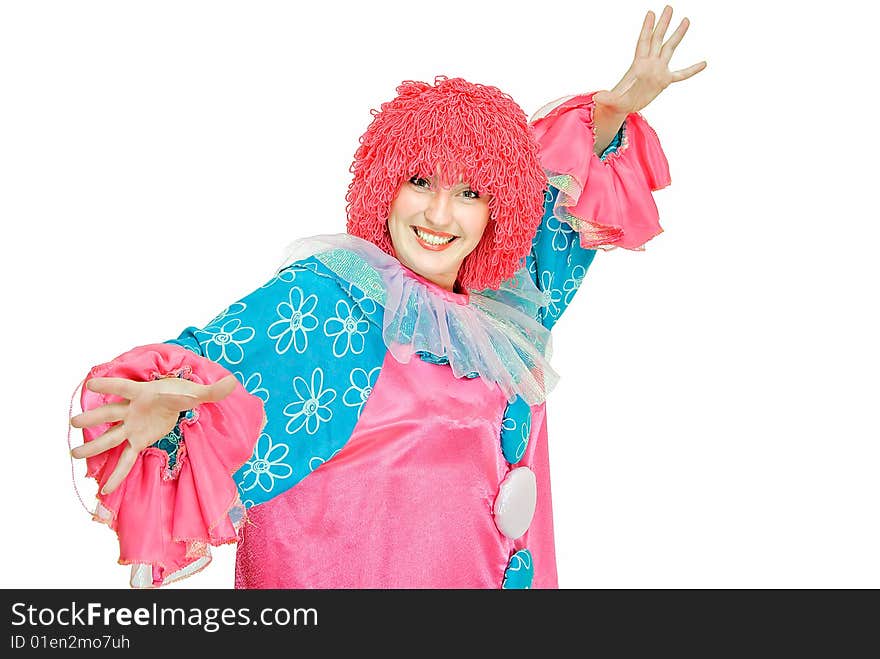 Smiling pretty clown woman on white background. Smiling pretty clown woman on white background