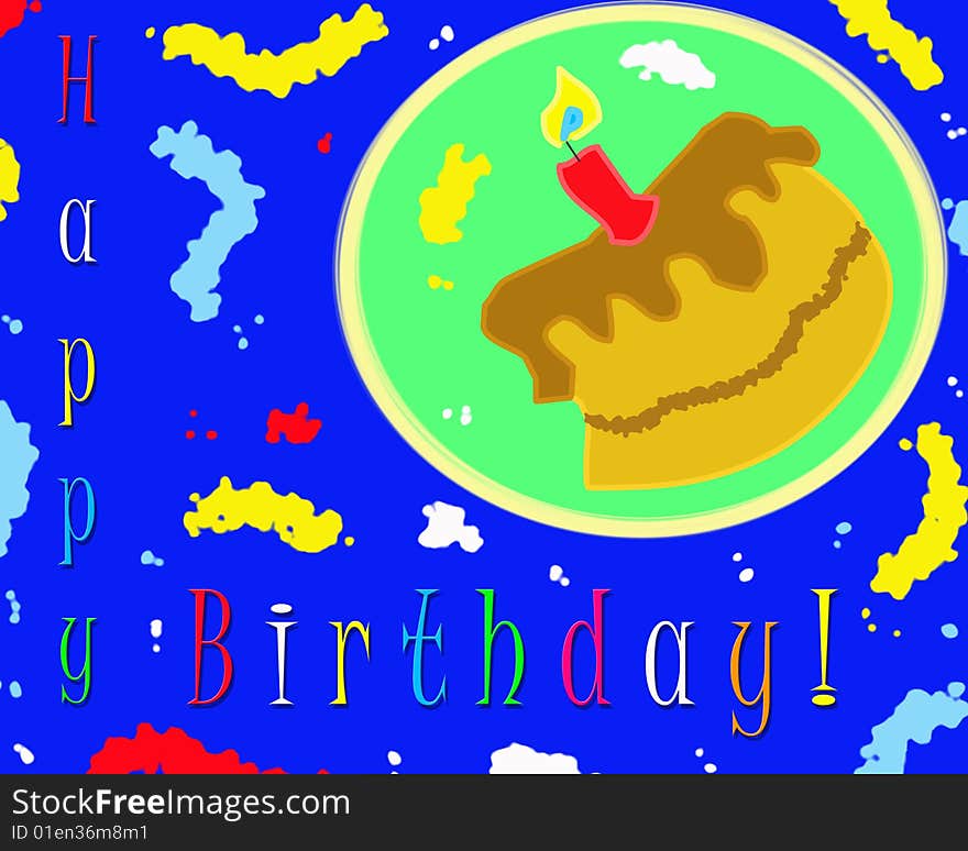 A happy birthday card with a funny chocolate cake, on the right up corner, with a red candle upon the chocolate cream, all surrouded by multicolor cream drops on a blue background. Digital drawing. Coloured picture. A happy birthday card with a funny chocolate cake, on the right up corner, with a red candle upon the chocolate cream, all surrouded by multicolor cream drops on a blue background. Digital drawing. Coloured picture.