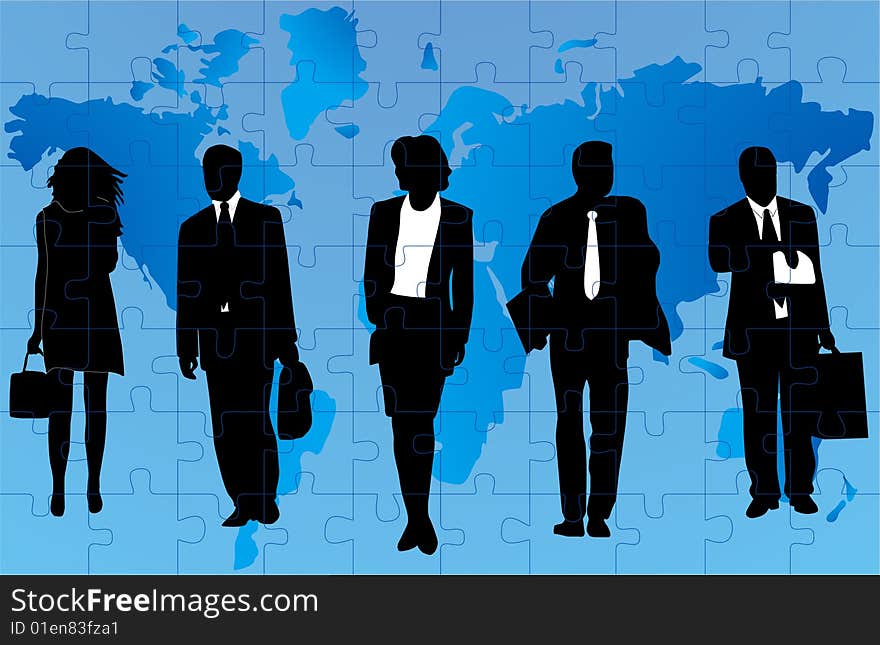 Illustration of business people and map