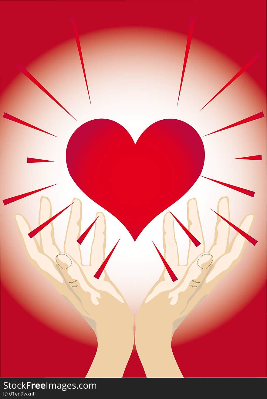 Shining heart in hands on white-red gradient background