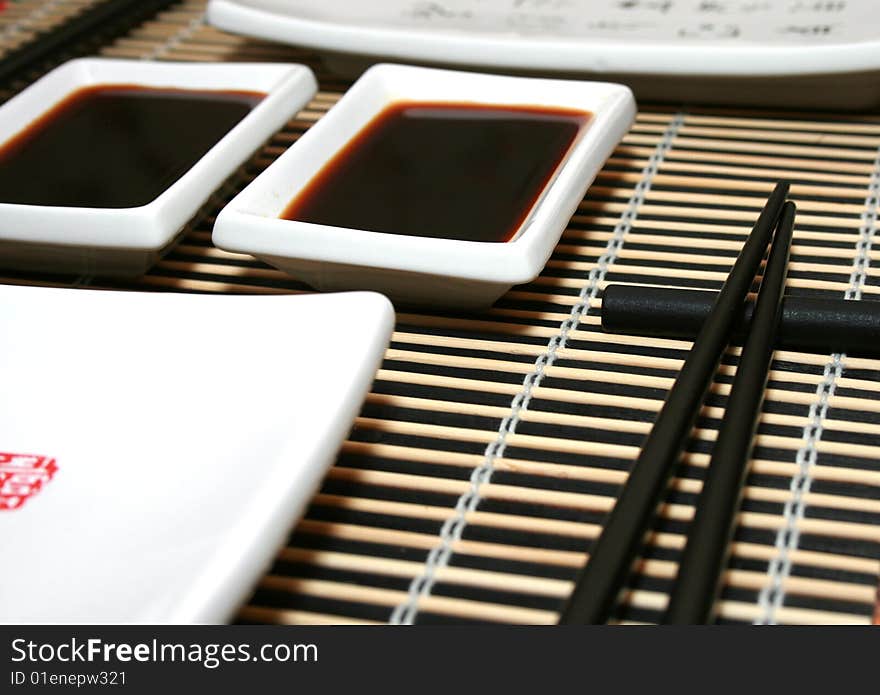 Bamboo Mat, Dish And Chopsticks