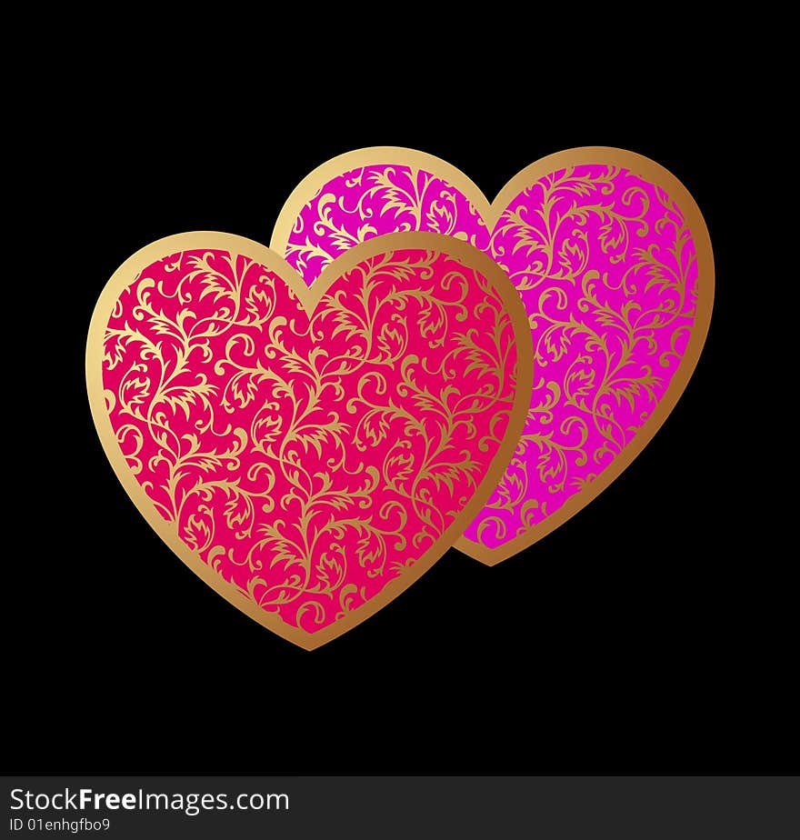 Romantic Card with Two Hearts on Black Background