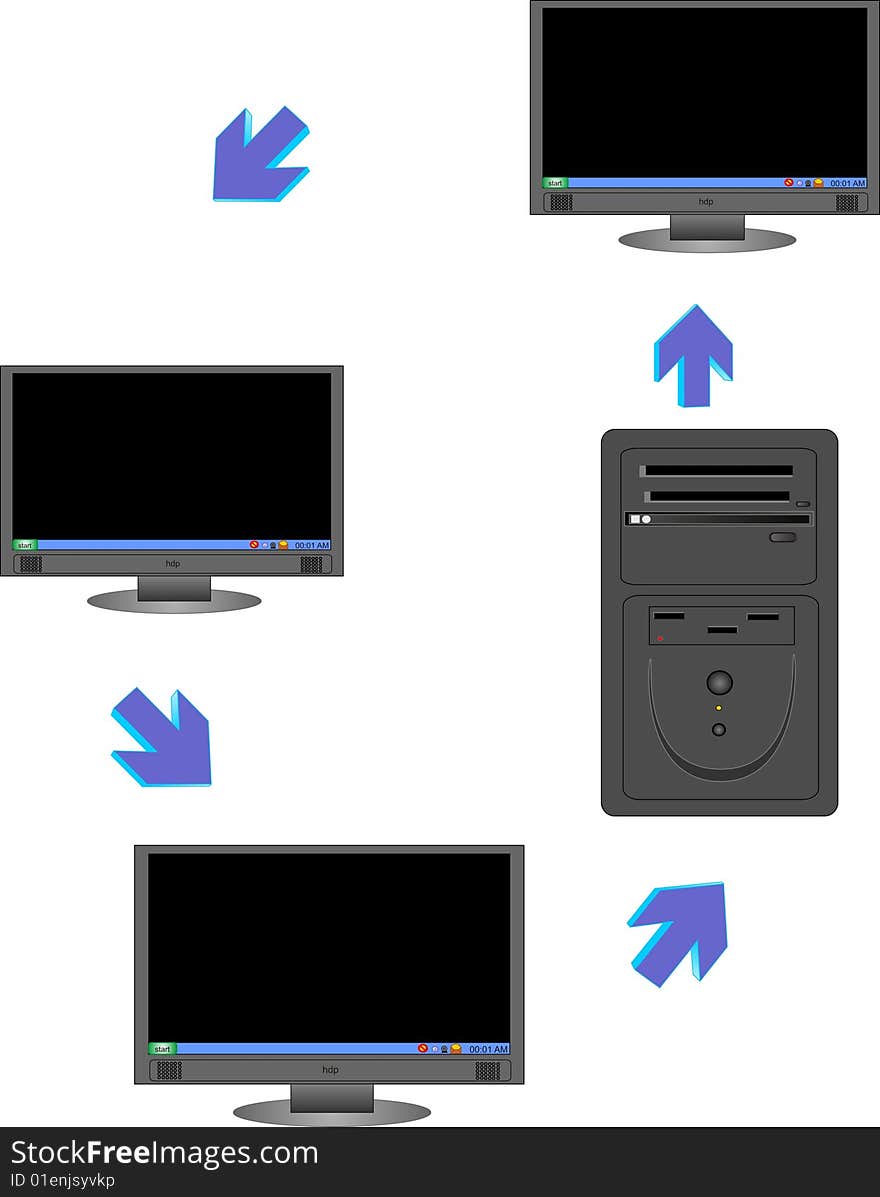 Computer networking illustration with CPU, directional arrows also