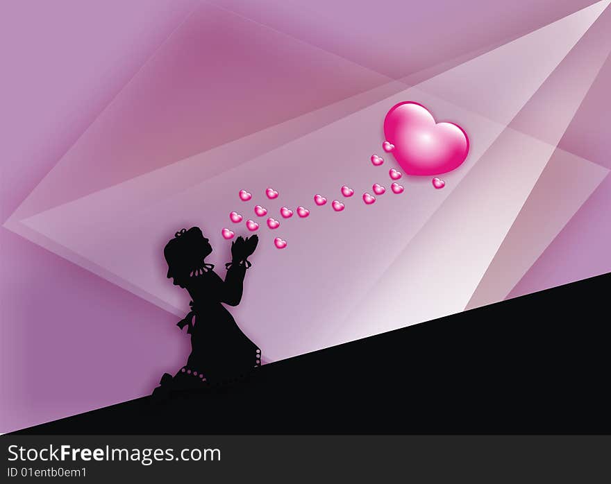 Violet and pink background with a girl silhouette illustration. Violet and pink background with a girl silhouette illustration