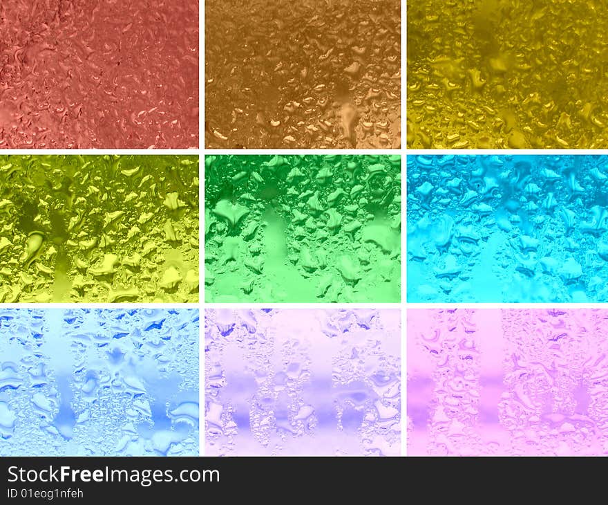 Water on the glass colored in different colors. Water on the glass colored in different colors.