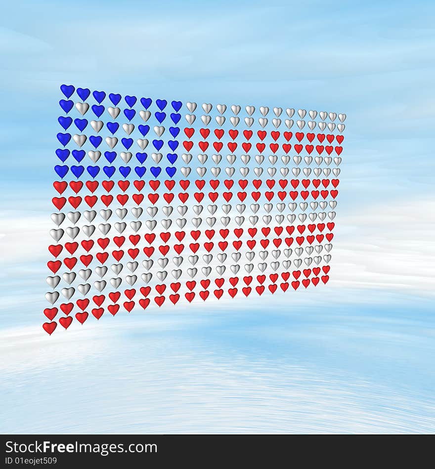 3D illustration of USA flag over a blue sky background. 3D illustration of USA flag over a blue sky background