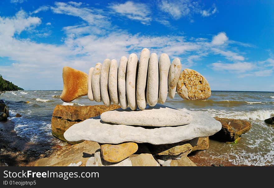 Stone fish on seacoast at midday in the summer