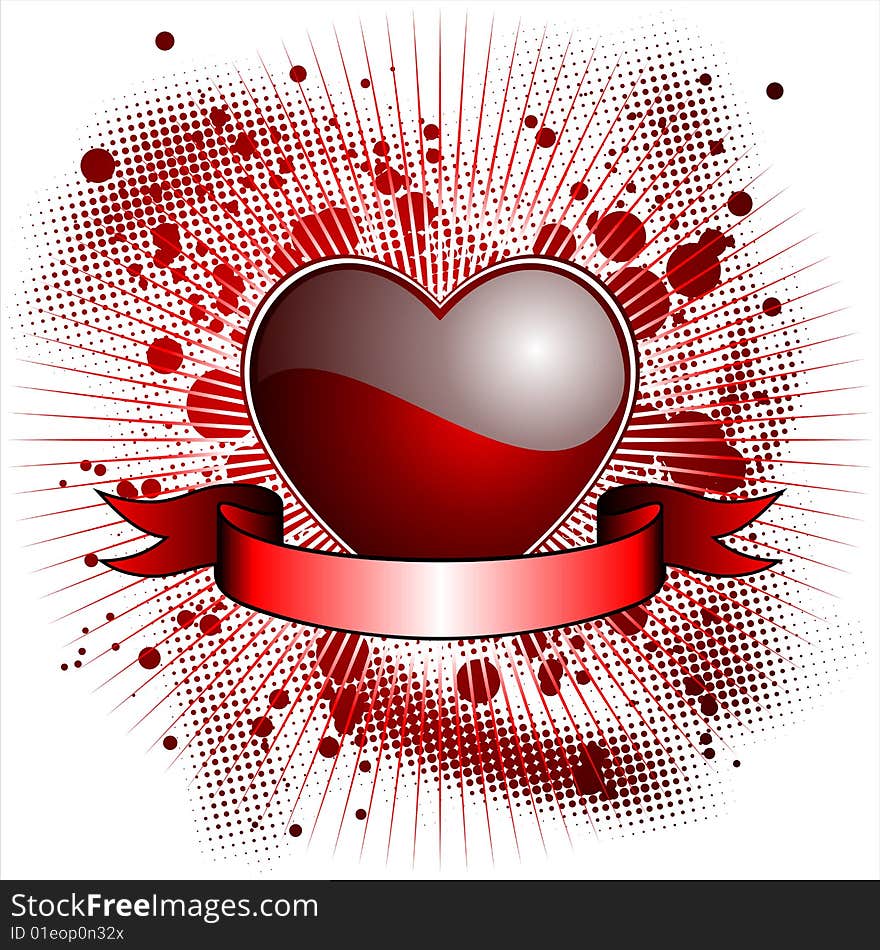 Valentine's day illustration with glossy red heart and ribbon