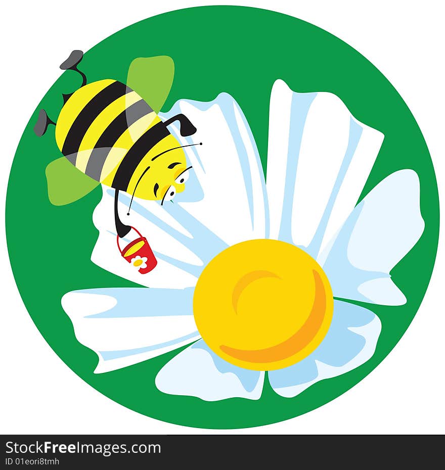 Flying bee above a camomile