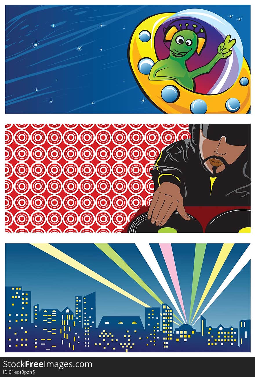 Vector a banner and the alien, the DJ and city. Vector a banner and the alien, the DJ and city