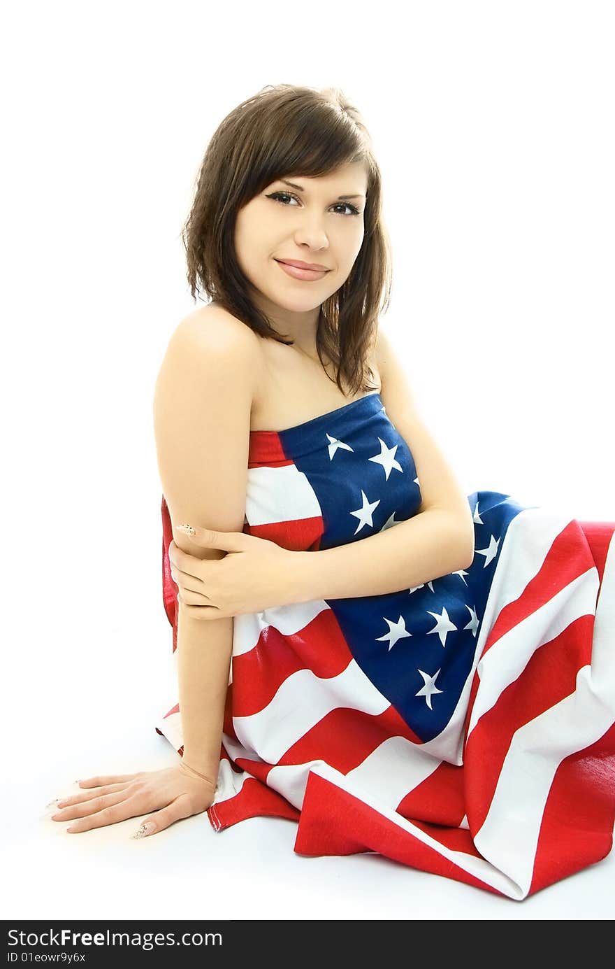 Beautiful Woman Wrapped Into The American Flag