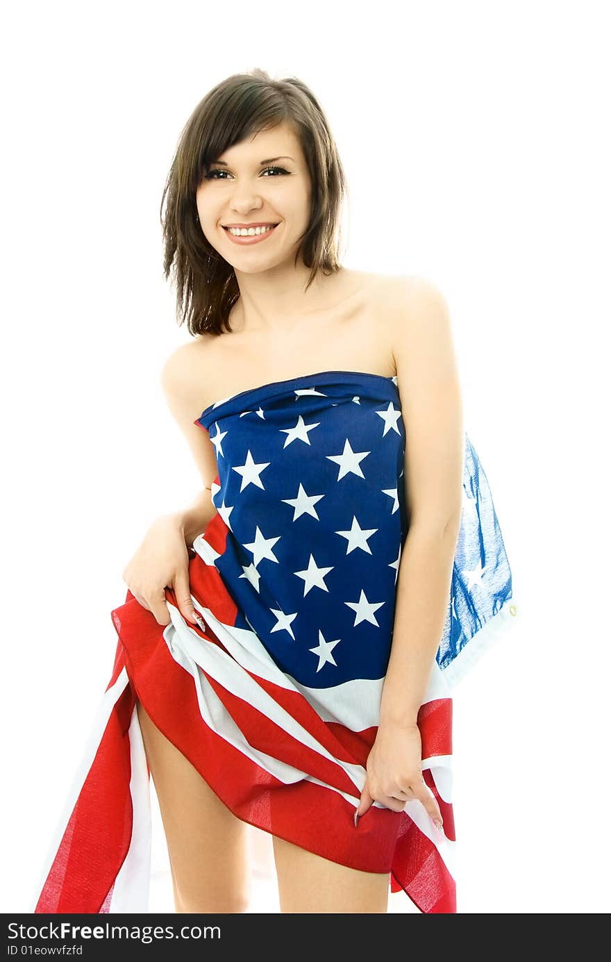 Beautiful Woman Wrapped Into The American Flag