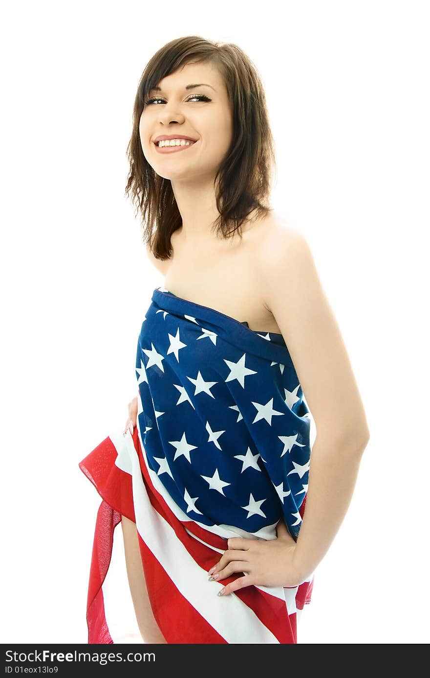 Woman wrapped into the American flag