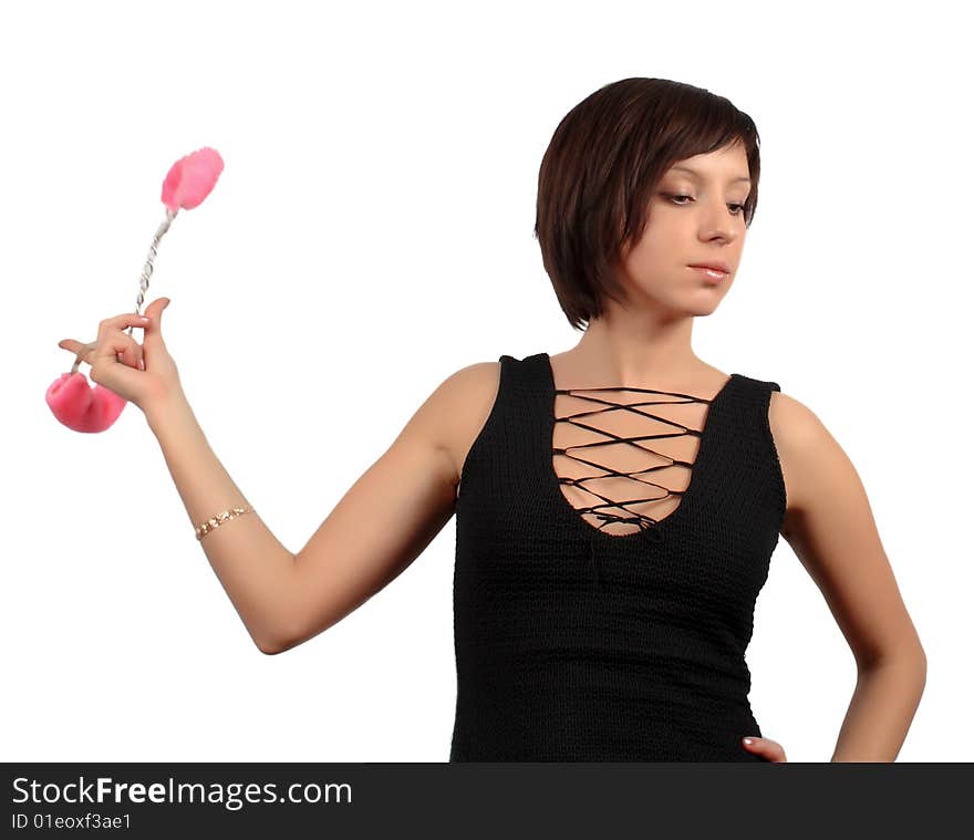 Dark haired girl with pink handcuffs