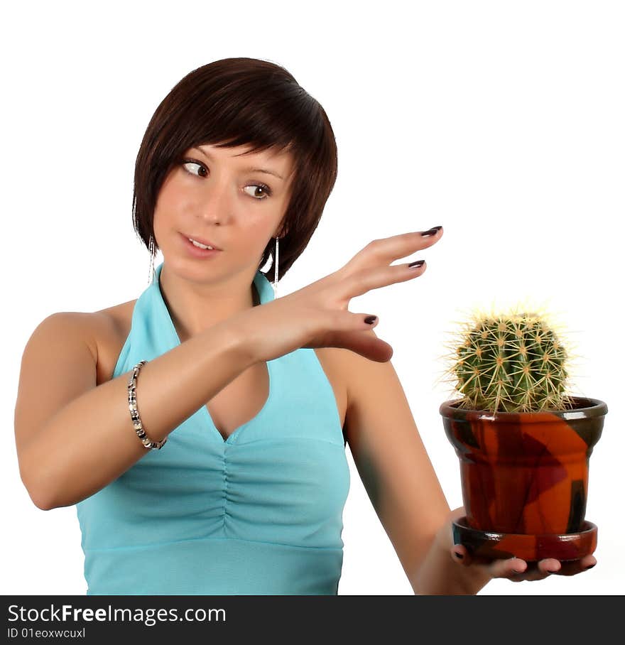 Young Girl With Cactus In Flowerpot