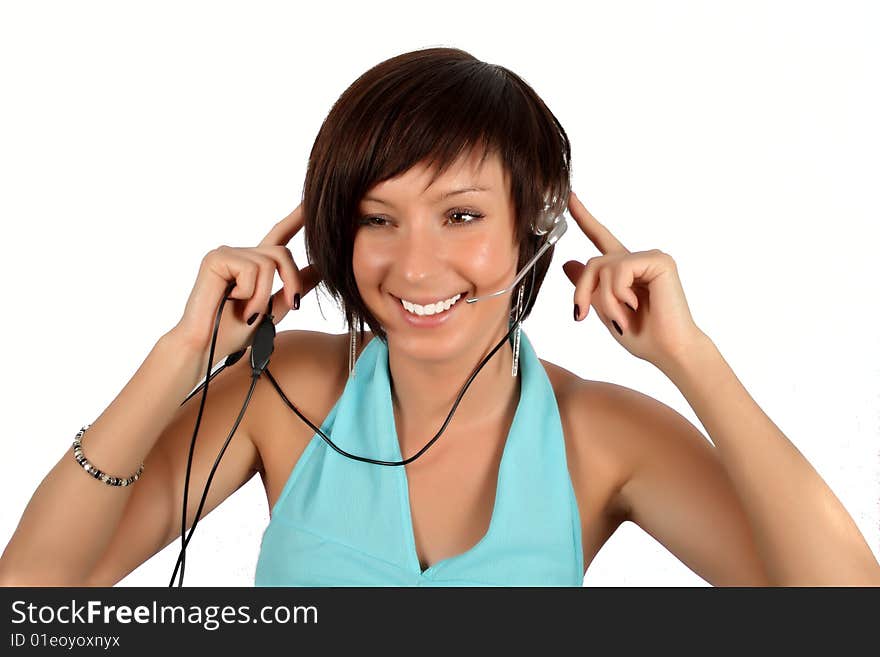 Young girl with head phones isolated over white