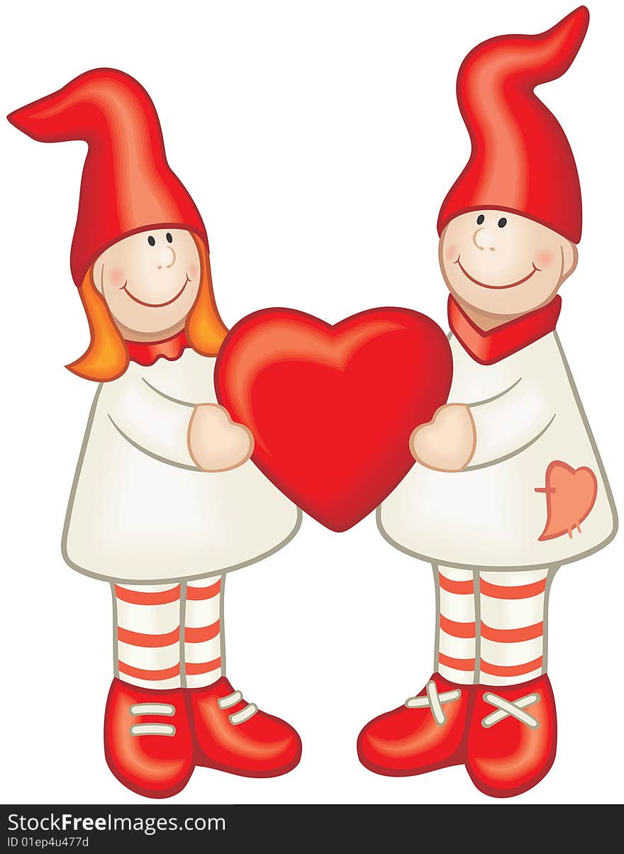 Couple of cartoon style girl and boy with red heart in their hands. Drawed without any gradient and mesh fills. Couple of cartoon style girl and boy with red heart in their hands. Drawed without any gradient and mesh fills.