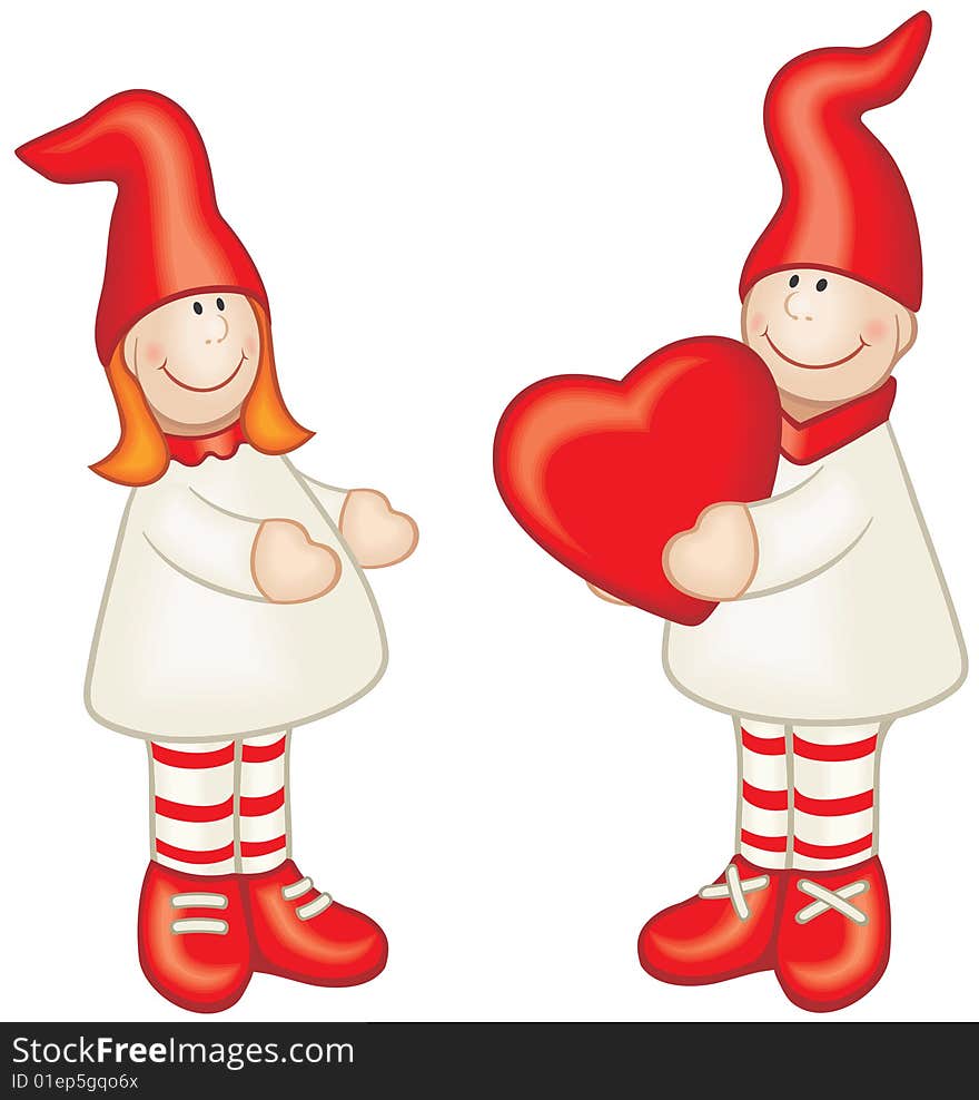 Couple of cartoon style girl and boy with red heart in his hands. Drawed without any gradient and mesh fills. Couple of cartoon style girl and boy with red heart in his hands. Drawed without any gradient and mesh fills.