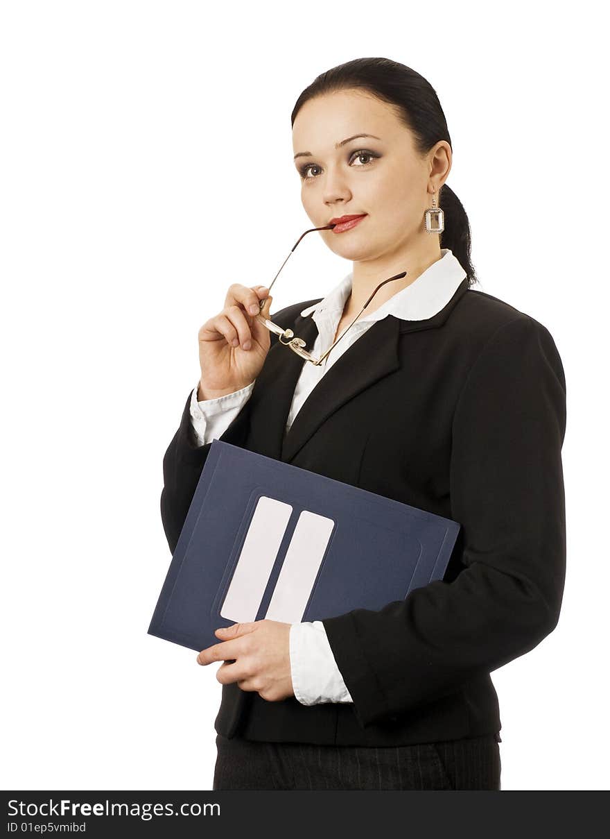 Portrait of young business woman thinking