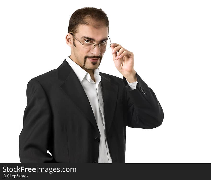 Portrait of a young businessman standing against white background