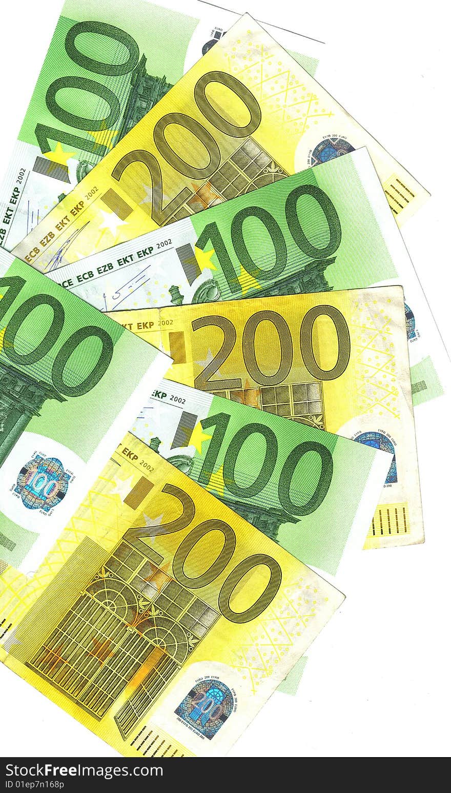 Detail banknotes one and two hundred euro