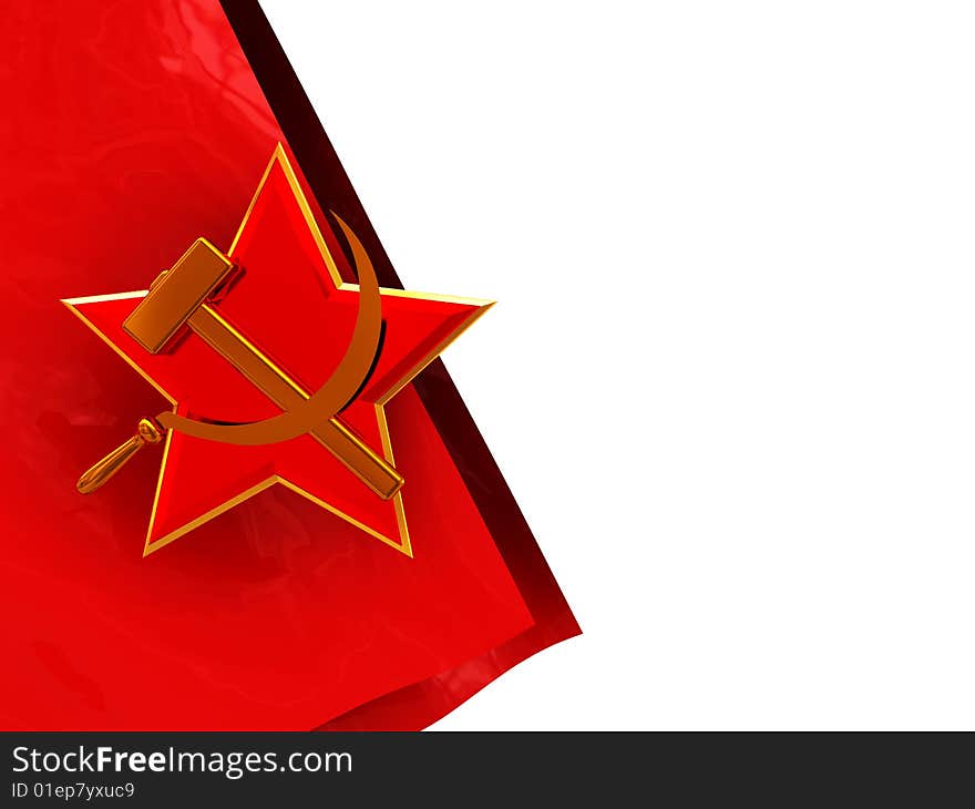 3d illustration of white background and soviet flag and symbol on left side. 3d illustration of white background and soviet flag and symbol on left side