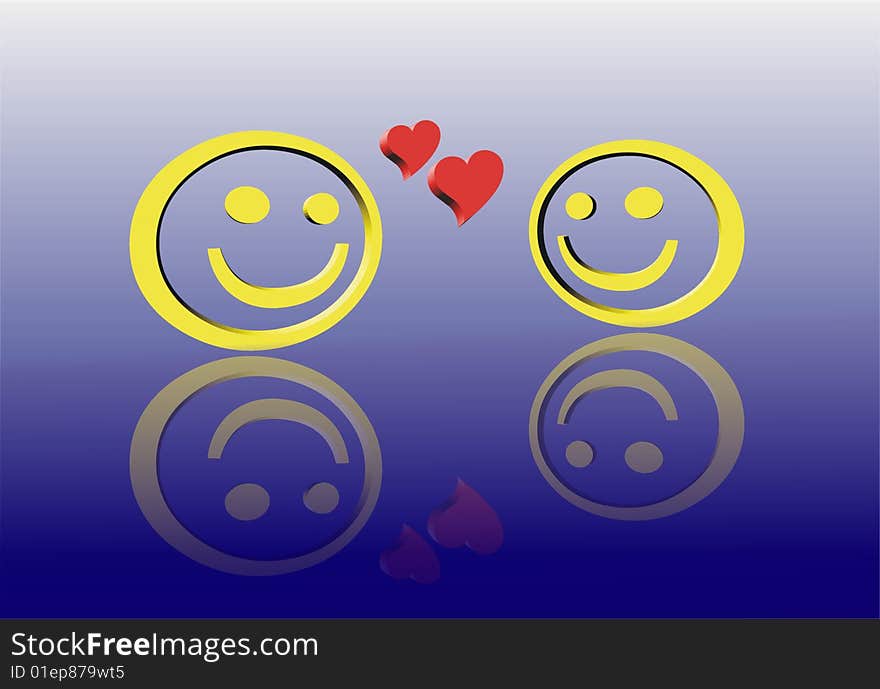 Two smiley's on blue glass are in love. Two smiley's on blue glass are in love