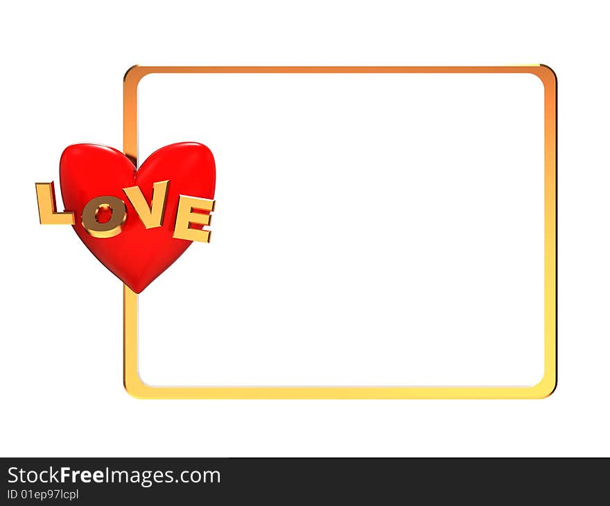 3d illustration of golden frame and red stylized heart. 3d illustration of golden frame and red stylized heart