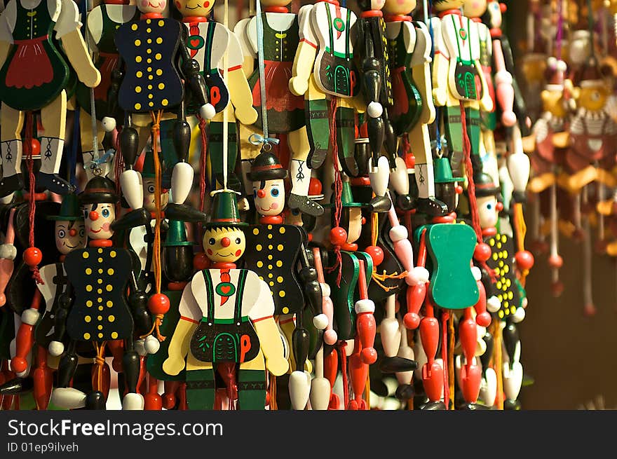 Wooden Toys hanging at a Christmas Shop