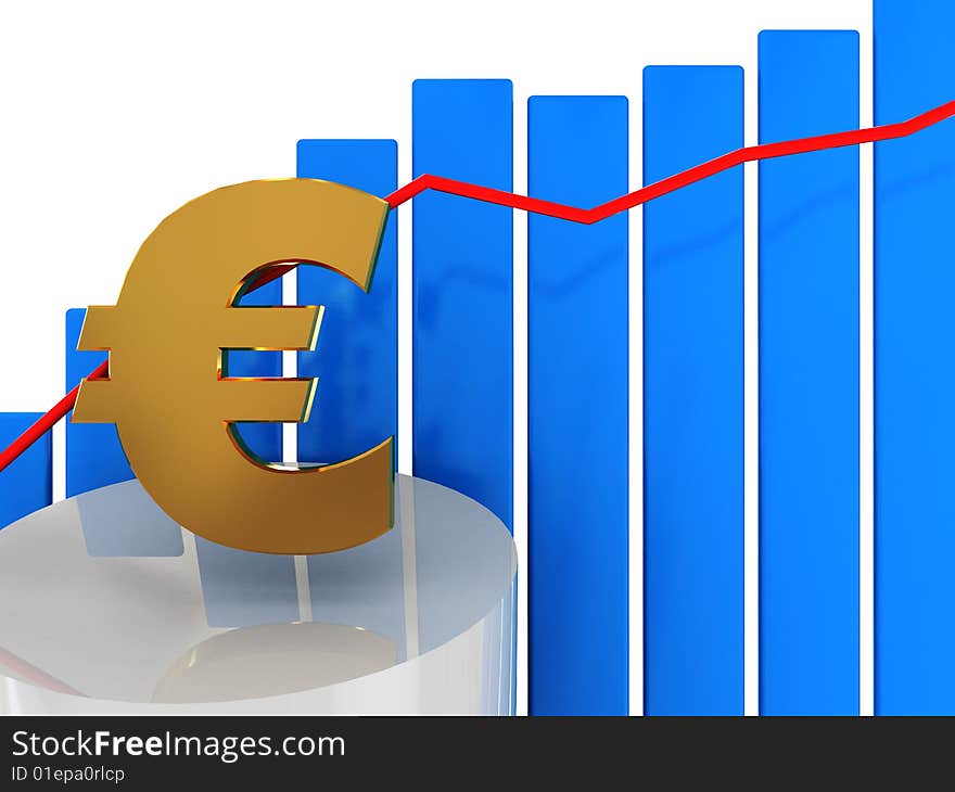 3d illustration of growing euro graph and blue bars. 3d illustration of growing euro graph and blue bars